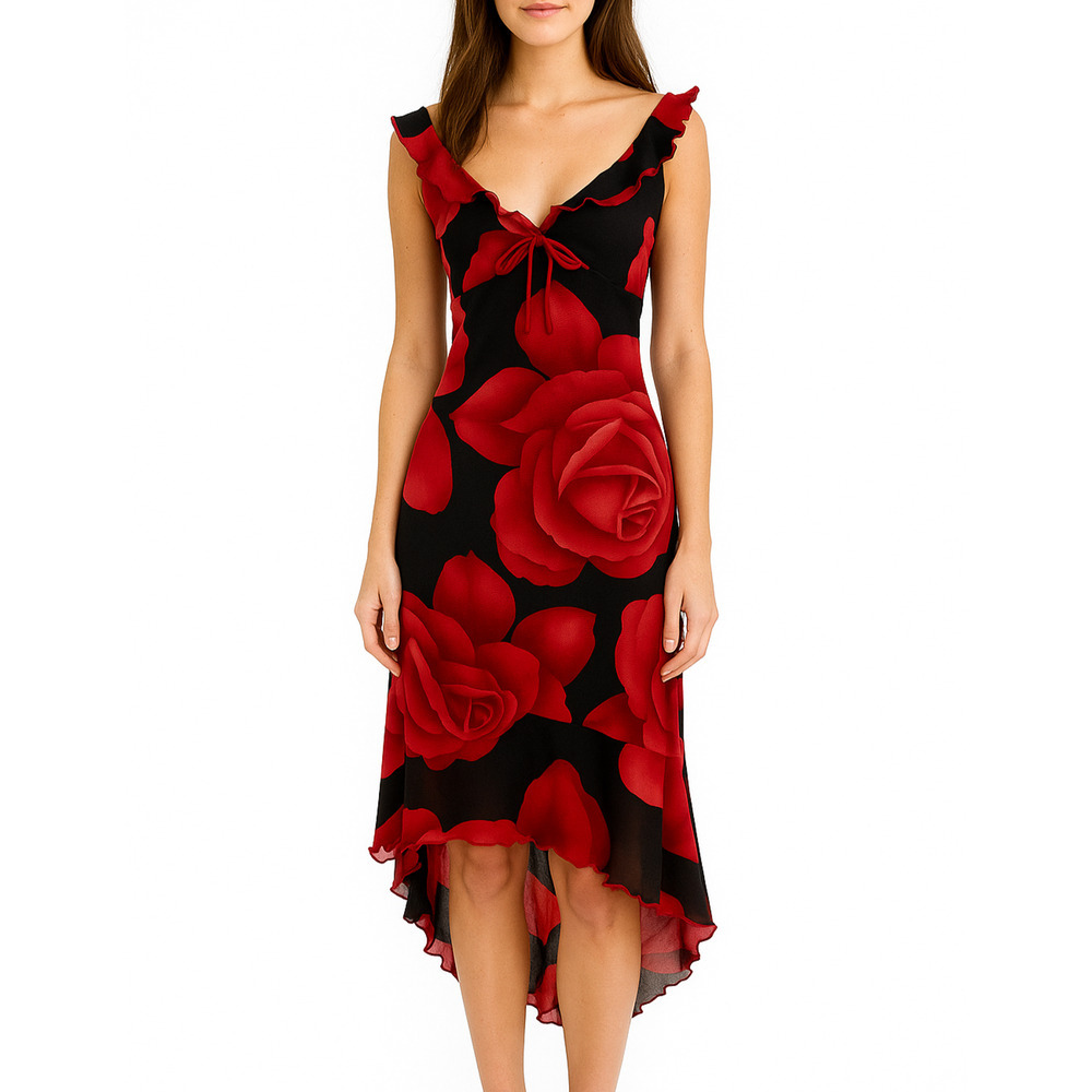 VTG Y2K Whimsigoth Dance in Paris Roses Dress Babydoll Asymmetrical Black Red L